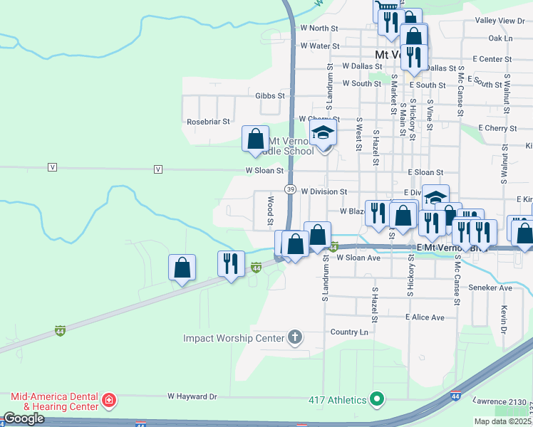 map of restaurants, bars, coffee shops, grocery stores, and more near 917 Wood Street in Mount Vernon