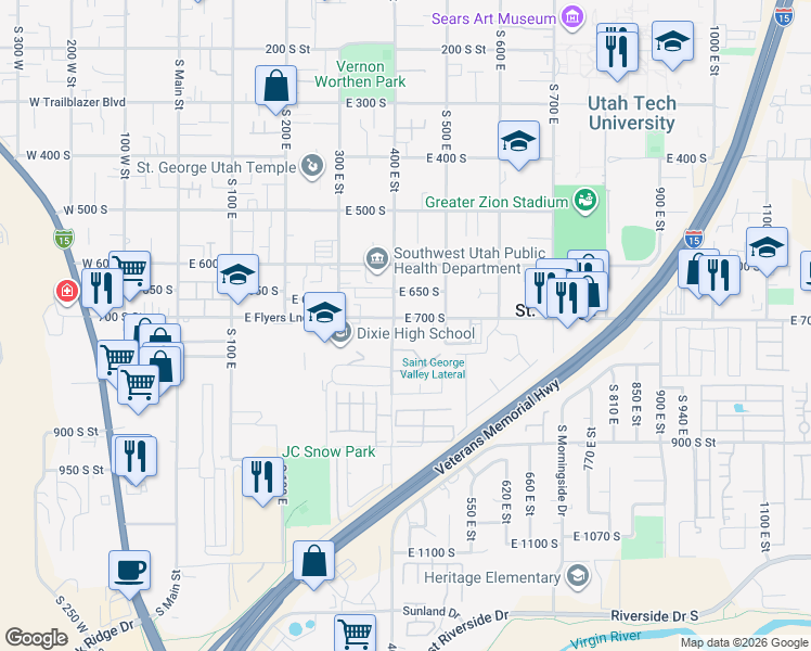 map of restaurants, bars, coffee shops, grocery stores, and more near 443 East 700 South in St. George