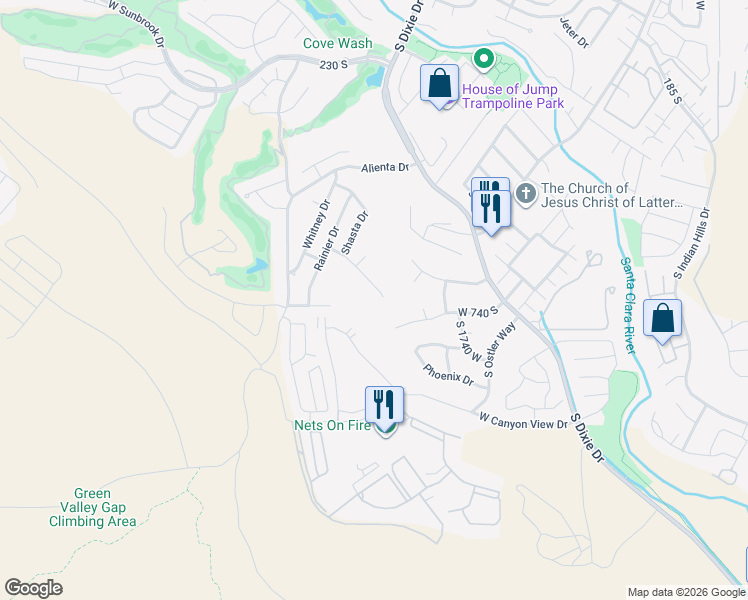 map of restaurants, bars, coffee shops, grocery stores, and more near 1890 Pikes Circle in St. George