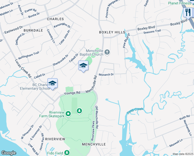 map of restaurants, bars, coffee shops, grocery stores, and more near 102 Monarch Drive in Newport News