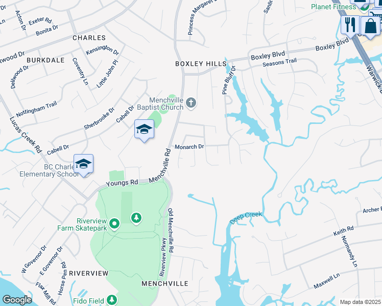 map of restaurants, bars, coffee shops, grocery stores, and more near 116 Monarch Drive in Newport News