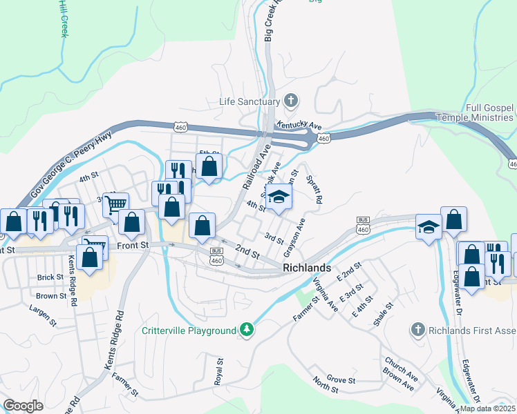 map of restaurants, bars, coffee shops, grocery stores, and more near Suffolk Avenue in Richlands