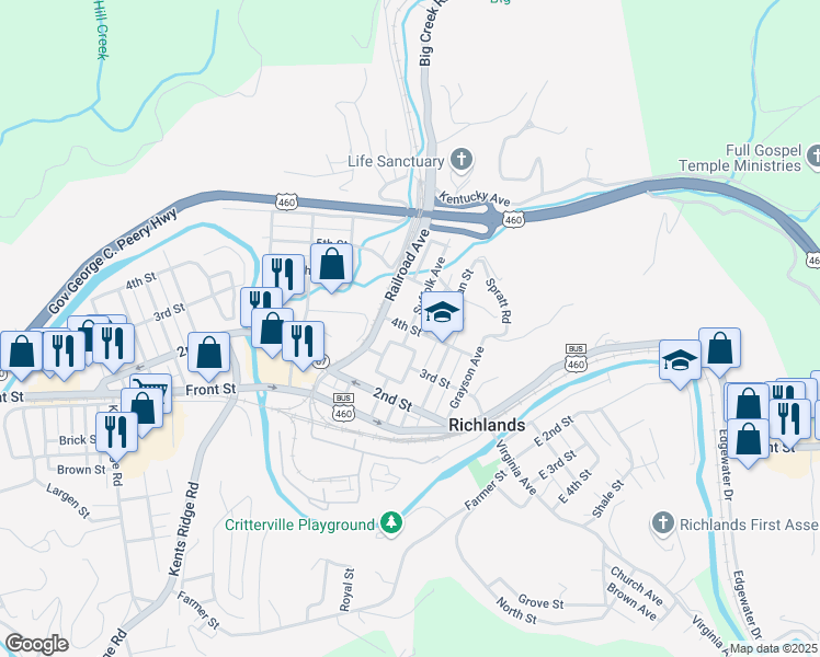 map of restaurants, bars, coffee shops, grocery stores, and more near Suffolk Avenue in Richlands