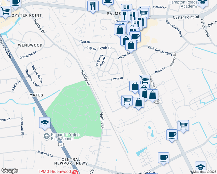 map of restaurants, bars, coffee shops, grocery stores, and more near 78 Lewis Drive in Newport News