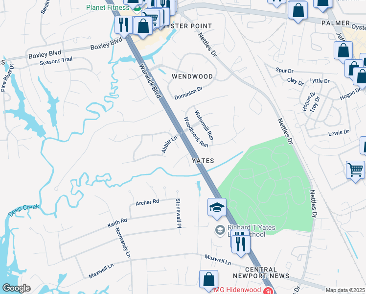 map of restaurants, bars, coffee shops, grocery stores, and more near 138 Meredith Way in Newport News