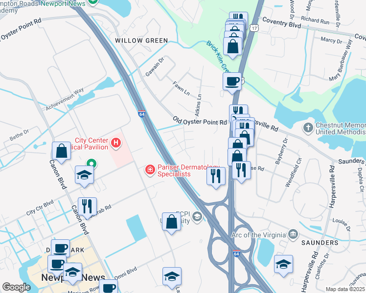 map of restaurants, bars, coffee shops, grocery stores, and more near 958 Marcus Drive in Newport News
