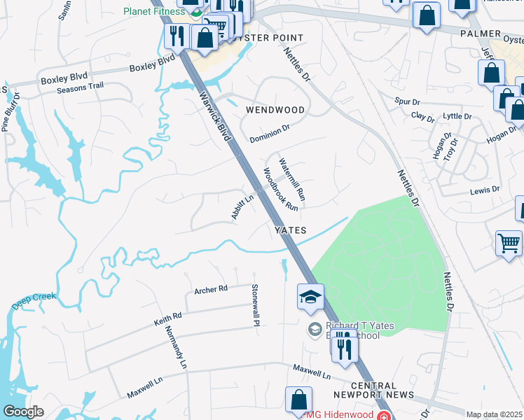 map of restaurants, bars, coffee shops, grocery stores, and more near 138 Meredith Way in Newport News
