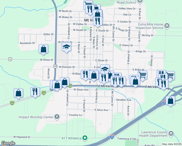 map of restaurants, bars, coffee shops, grocery stores, and more near 924 State Highway EE in Mount Vernon