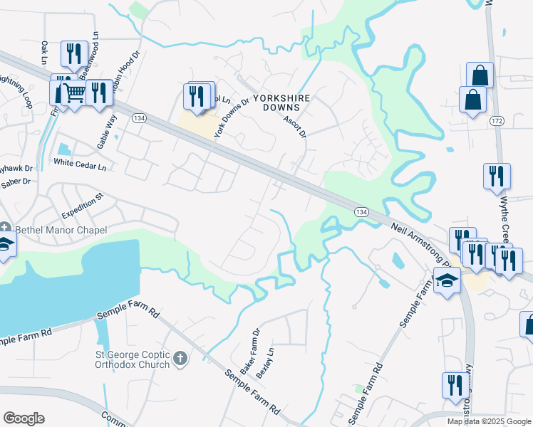 map of restaurants, bars, coffee shops, grocery stores, and more near 103 Cattail Lane in Yorktown