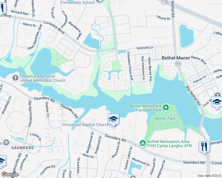 map of restaurants, bars, coffee shops, grocery stores, and more near 305 Hamlet Court in Yorktown