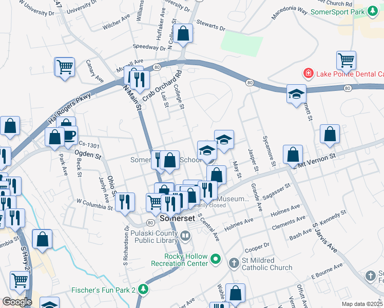 map of restaurants, bars, coffee shops, grocery stores, and more near 300-398 State Highway 2296 in Somerset