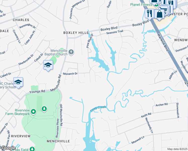 map of restaurants, bars, coffee shops, grocery stores, and more near 189 Pine Bluff Drive in Newport News