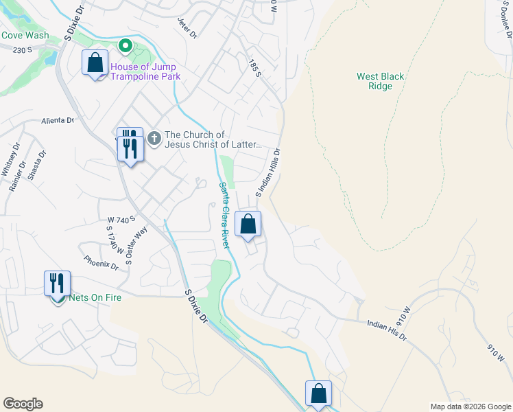 map of restaurants, bars, coffee shops, grocery stores, and more near 577 South Indian Hills Drive in Saint George
