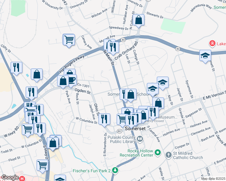 map of restaurants, bars, coffee shops, grocery stores, and more near 415 North Vine Street in Somerset