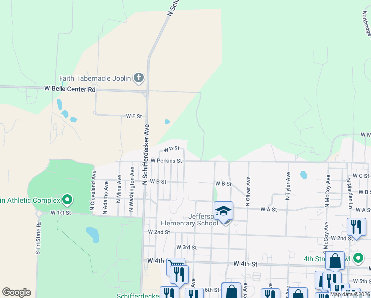 map of restaurants, bars, coffee shops, grocery stores, and more near 419 North Walnut Avenue in Joplin