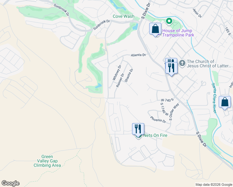 map of restaurants, bars, coffee shops, grocery stores, and more near 691 Rainier Drive in St. George