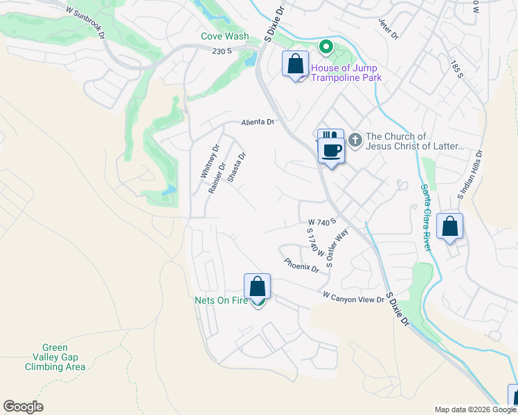 map of restaurants, bars, coffee shops, grocery stores, and more near 1890 Pikes Circle in St. George