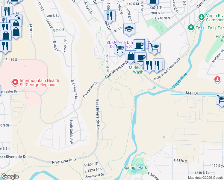 map of restaurants, bars, coffee shops, grocery stores, and more near 2012 East Riverside Drive in Saint George