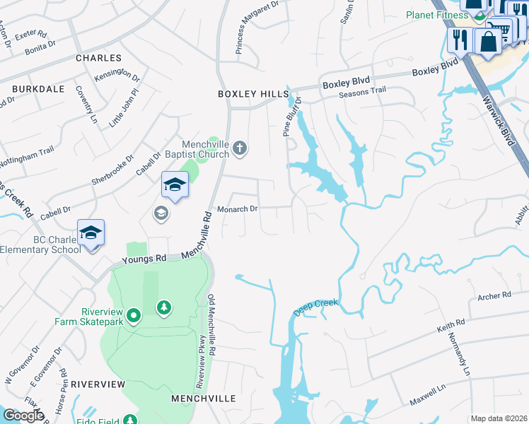 map of restaurants, bars, coffee shops, grocery stores, and more near 126 Monarch Drive in Newport News