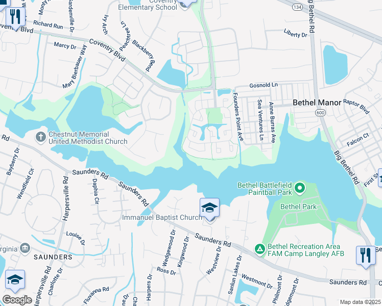map of restaurants, bars, coffee shops, grocery stores, and more near 705 Hamlet Court in Yorktown