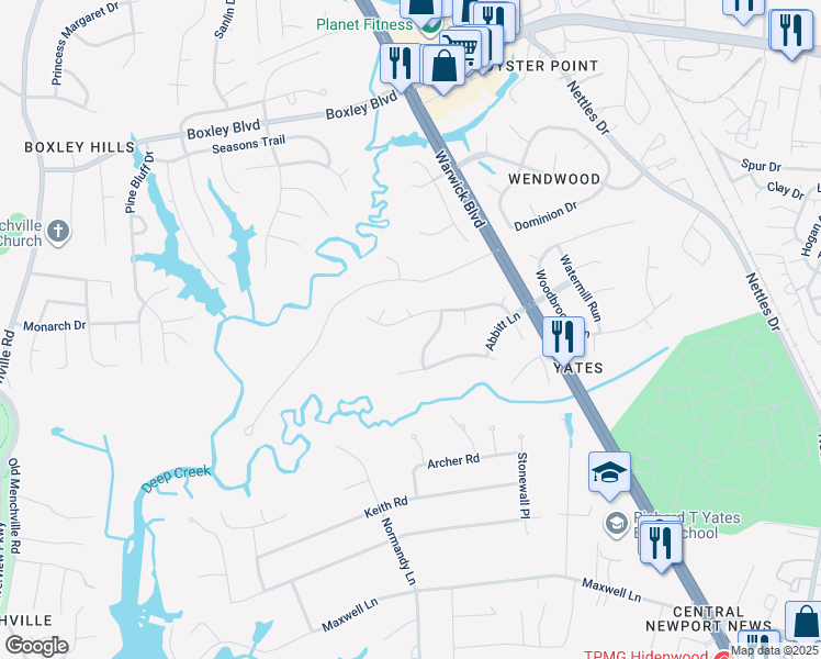 map of restaurants, bars, coffee shops, grocery stores, and more near 93 Meredith Way in Newport News