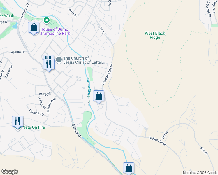 map of restaurants, bars, coffee shops, grocery stores, and more near 569-577 South Indian Hills Drive in St. George