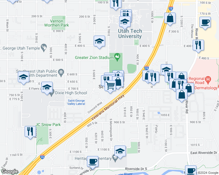 map of restaurants, bars, coffee shops, grocery stores, and more near 669 South 700 East in St. George