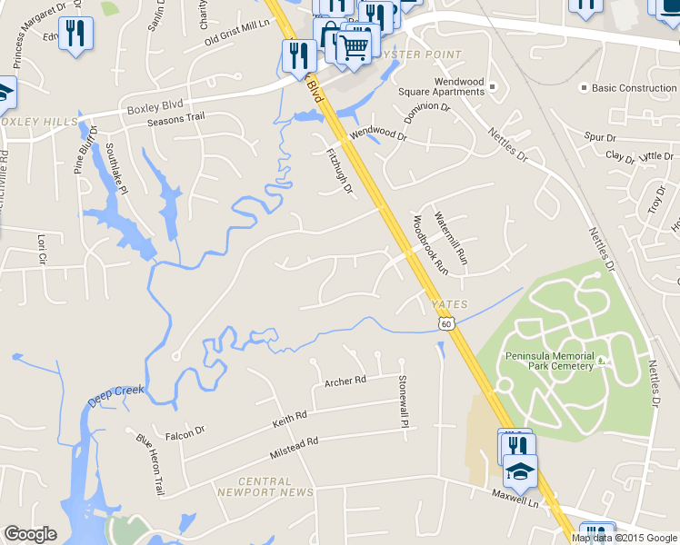 map of restaurants, bars, coffee shops, grocery stores, and more near 208 Chelmsford Way in Newport News