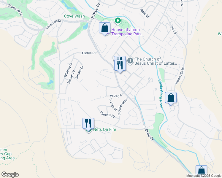 map of restaurants, bars, coffee shops, grocery stores, and more near 1733 680 South Street in St. George