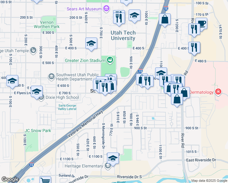 map of restaurants, bars, coffee shops, grocery stores, and more near 795 East 700 South in St. George