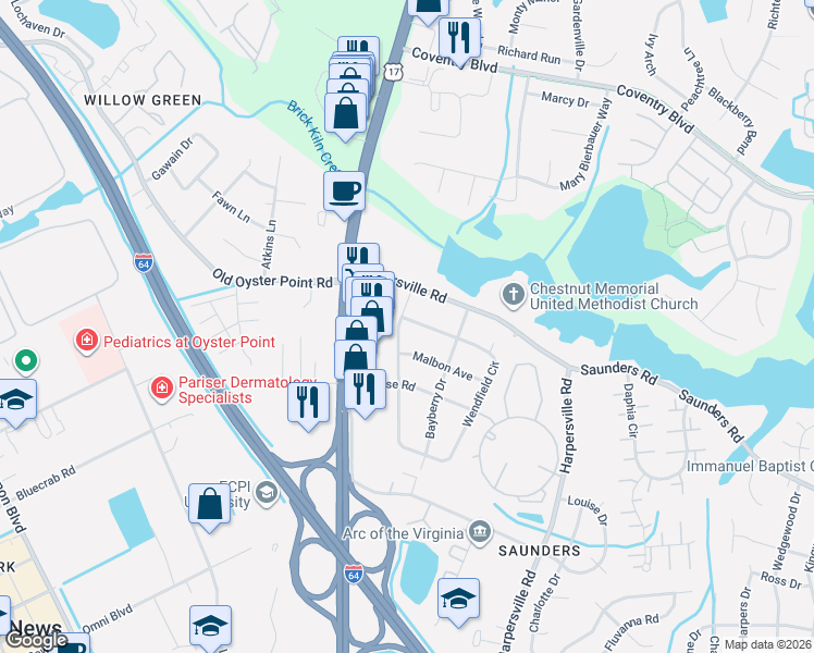map of restaurants, bars, coffee shops, grocery stores, and more near 4 Wendfield Circle in Newport News