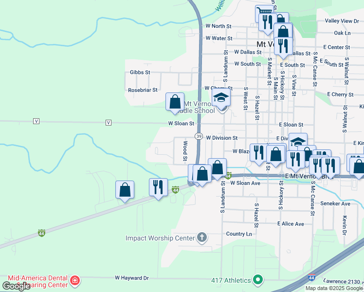 map of restaurants, bars, coffee shops, grocery stores, and more near 917 Wood Street in Mount Vernon
