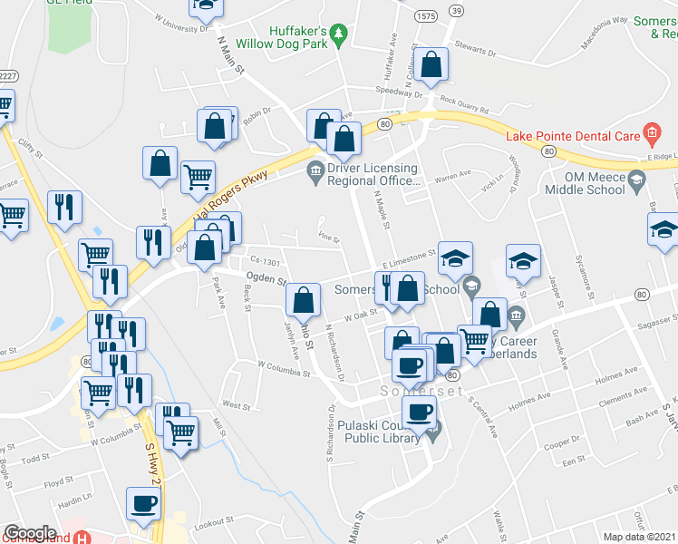 map of restaurants, bars, coffee shops, grocery stores, and more near 415 North Vine Street in Somerset