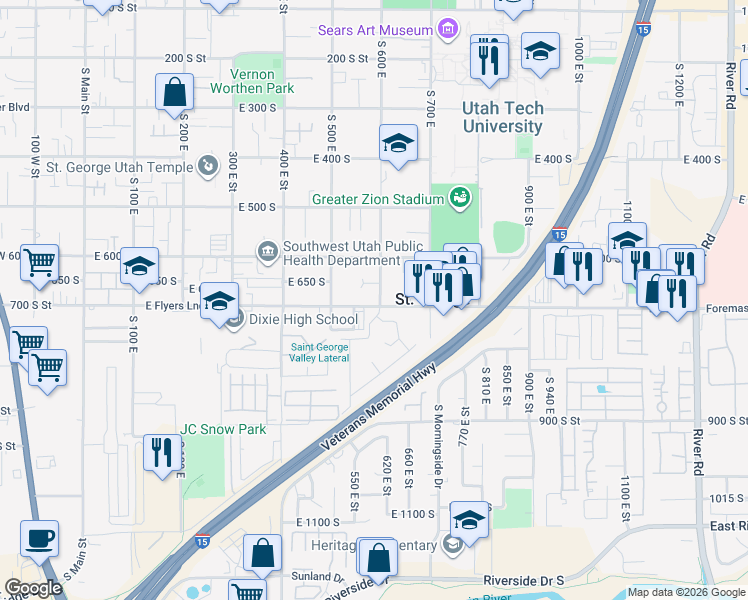 map of restaurants, bars, coffee shops, grocery stores, and more near 595 East 700 South in St. George