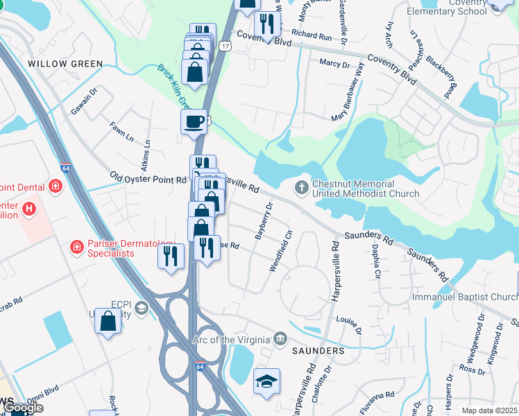 map of restaurants, bars, coffee shops, grocery stores, and more near 13 Wendfield Circle in Newport News