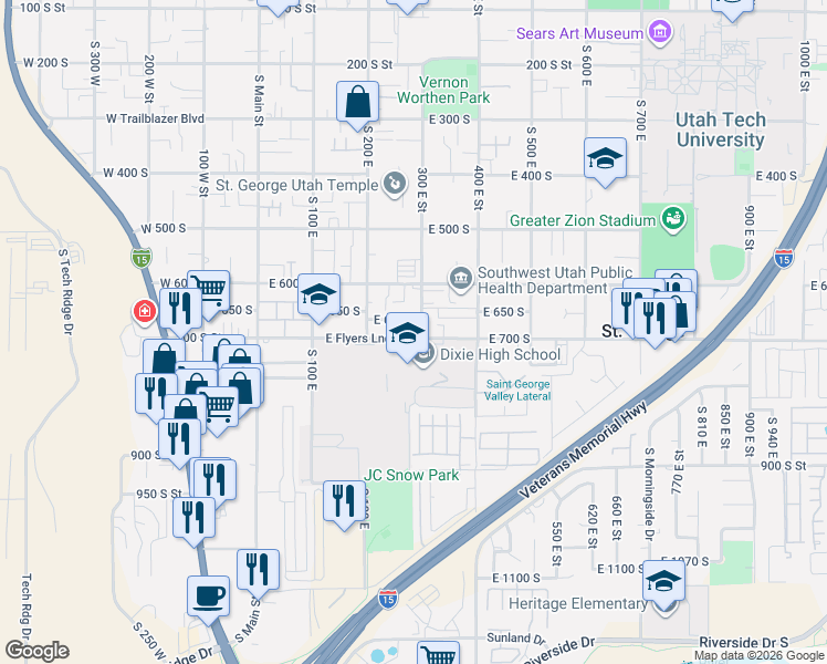 map of restaurants, bars, coffee shops, grocery stores, and more near 295 East 700 South in St. George