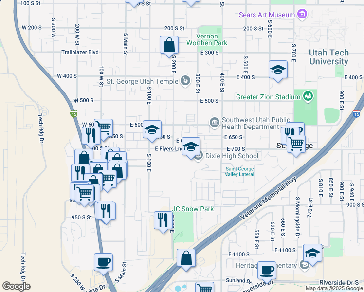 map of restaurants, bars, coffee shops, grocery stores, and more near 239 East 700 South in St. George