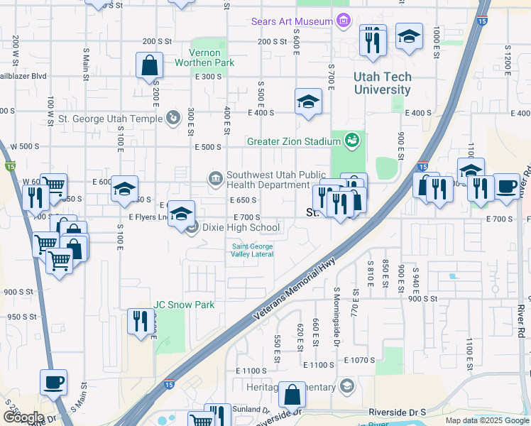 map of restaurants, bars, coffee shops, grocery stores, and more near 695 500 South Street in St. George