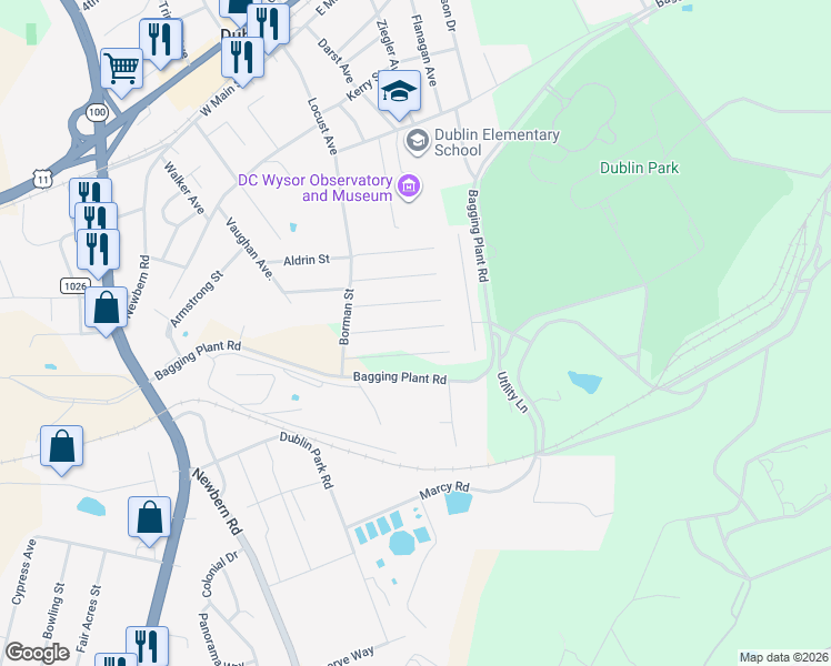 map of restaurants, bars, coffee shops, grocery stores, and more near 5480 Stafford Drive in Dublin