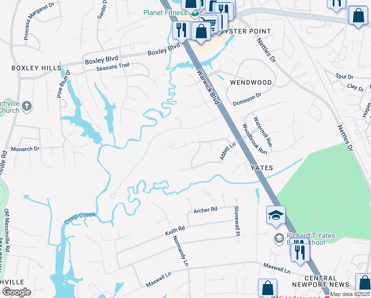 map of restaurants, bars, coffee shops, grocery stores, and more near 93 Meredith Way in Newport News