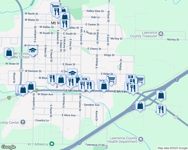 map of restaurants, bars, coffee shops, grocery stores, and more near 551 East Kirby Street in Mount Vernon