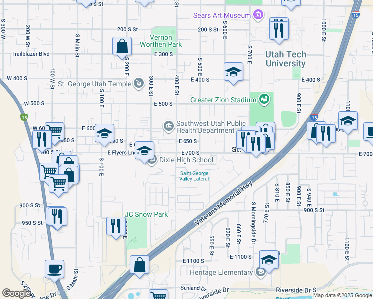 map of restaurants, bars, coffee shops, grocery stores, and more near 443 East 700 South in St. George