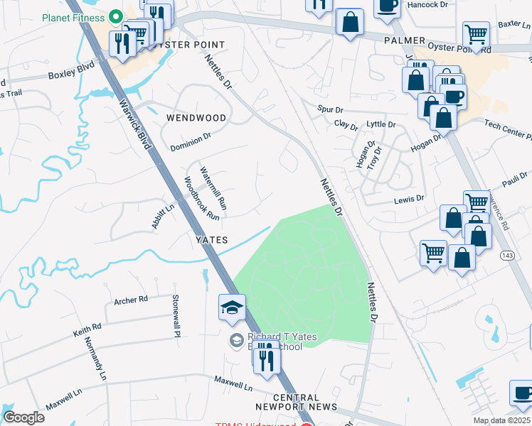 map of restaurants, bars, coffee shops, grocery stores, and more near 403 Eastwind Cove in Newport News