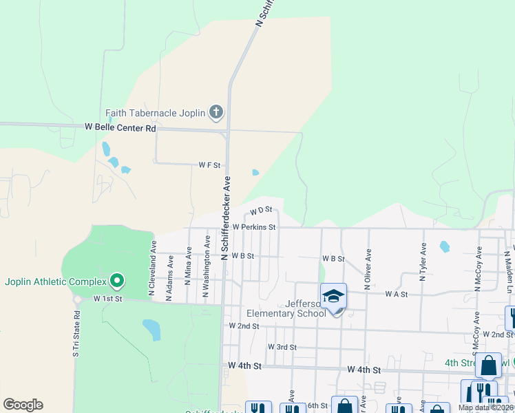 map of restaurants, bars, coffee shops, grocery stores, and more near 2701 West D Street in Joplin