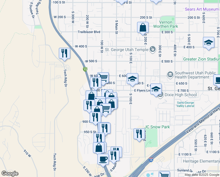 map of restaurants, bars, coffee shops, grocery stores, and more near 54 West 700 South in St. George