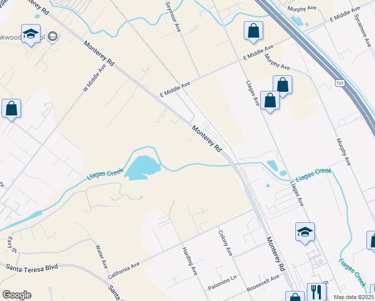 map of restaurants, bars, coffee shops, grocery stores, and more near 14325 Monterey Road in San Martin