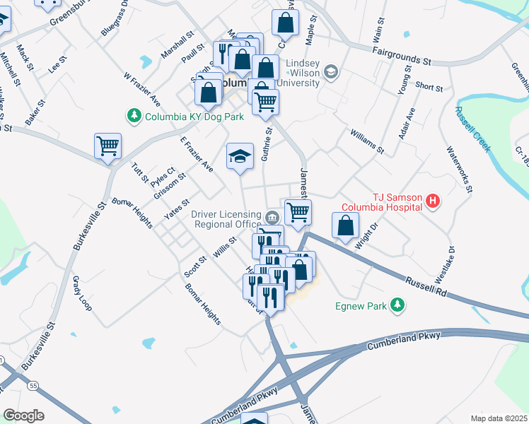 map of restaurants, bars, coffee shops, grocery stores, and more near 300 Guthrie Street in Columbia
