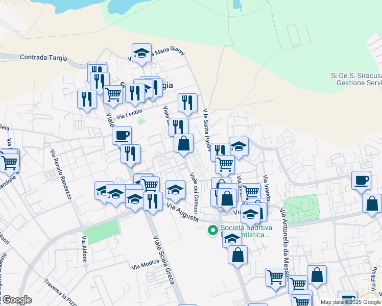 map of restaurants, bars, coffee shops, grocery stores, and more near Via Grammichele in Syracuse