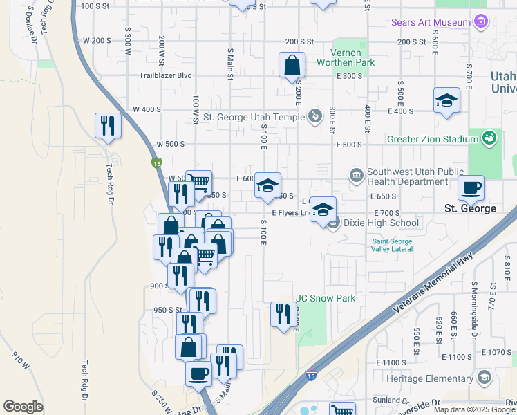 map of restaurants, bars, coffee shops, grocery stores, and more near 55 East 700 South in St. George