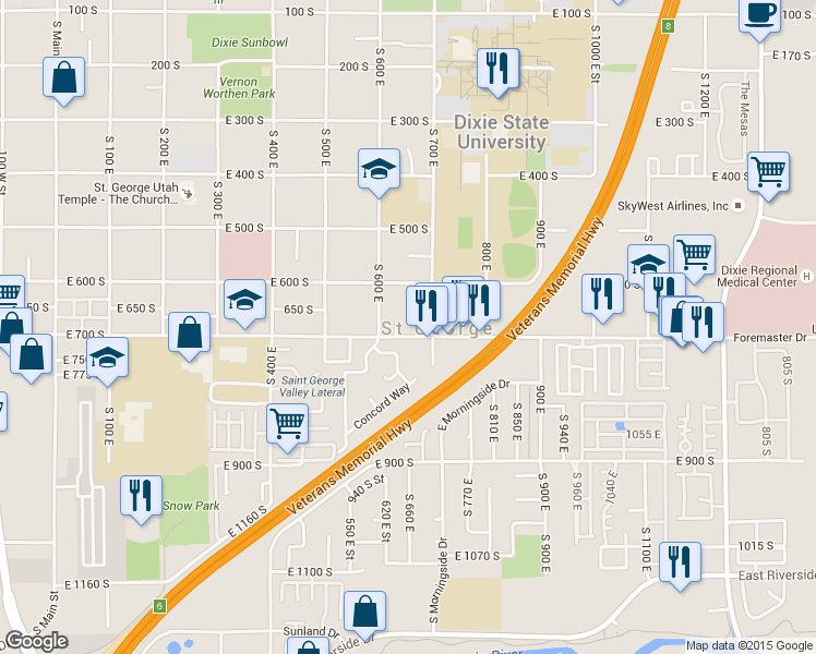 map of restaurants, bars, coffee shops, grocery stores, and more near 655 East 700 South in Saint George